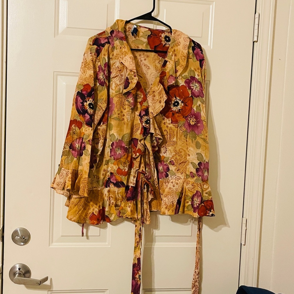 Chaps Yellow Floral Ruffle Blouse